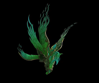 Mythical Winged Flying Creature With Vibrant Green Plumage And Ornate Golden Detailed Outstretched Wings 3d model
