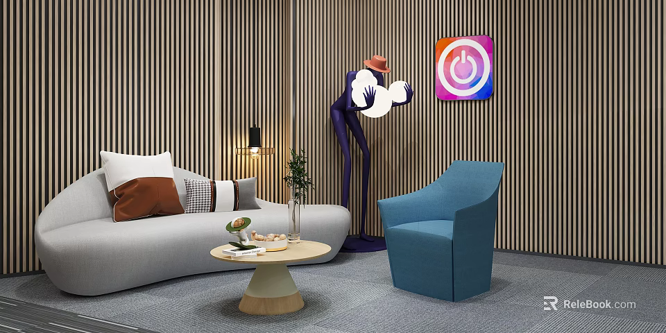 Modern Sofa and Coffee Table Set with Round Wooden Table Blue Armchair and Colorful Painting 3d model 