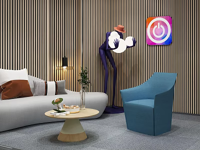 Modern Sofa and Coffee Table Set with Round Wooden Table Blue Armchair and Colorful Painting 3d model