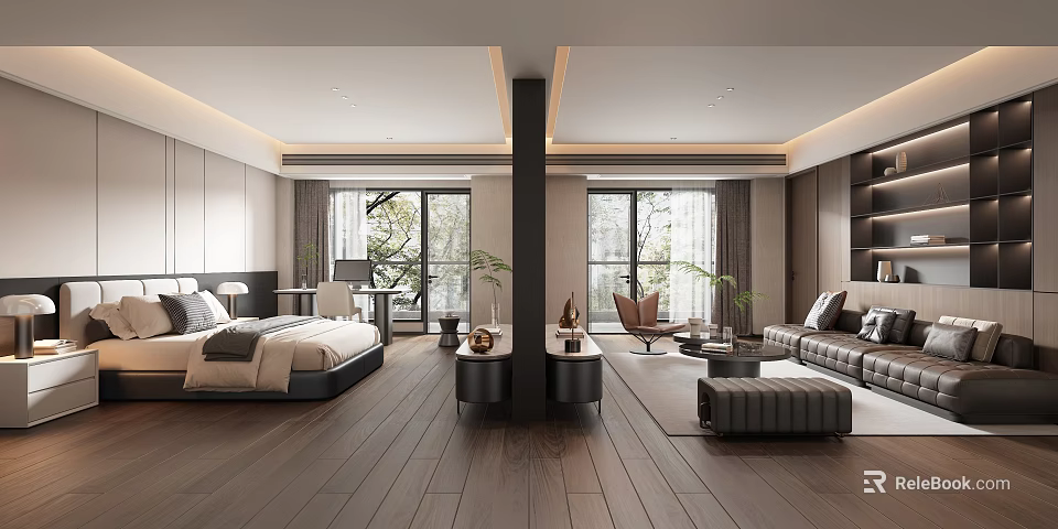 Modern Hotel Guest Room Interior Design With Queen Bed Sofa Large Windows And Wooden Flooring 3d model 