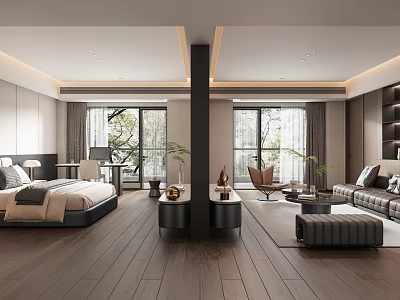 Modern Hotel Guest Room Interior Design With Queen Bed Sofa Large Windows And Wooden Flooring 3d model