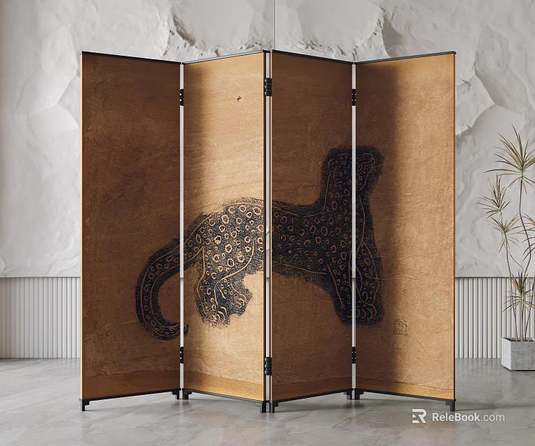 Elegant Room Divider With Leopard Pattern And Black Frame In Minimalist Interior 3d model