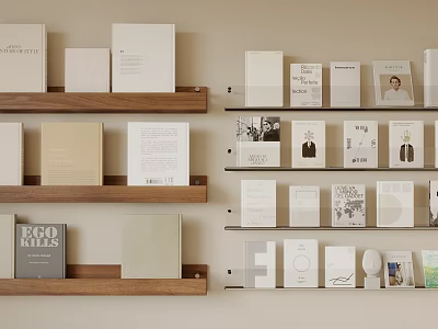Books and Magazines on Wooden Shelves Featuring Various Cover Designs Neutral Colors and Decorative Items 3d model