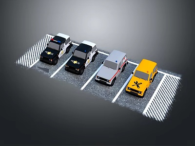 Black White Gray Yellow Cars Parked In Parking Space With White Lines 3d model