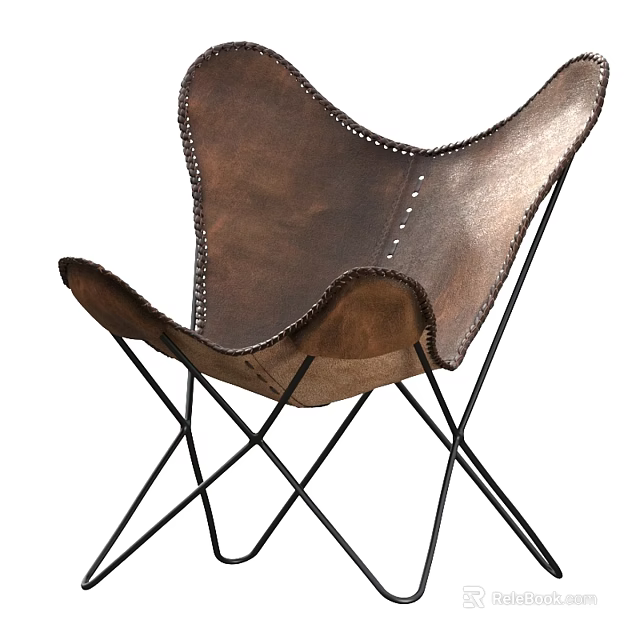 Brown Leather Armchair With Stitched Details And Black Metal Cross Legs 3d model 