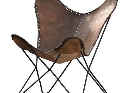 Brown Leather Armchair With Stitched Details And Black Metal Cross Legs 3d model