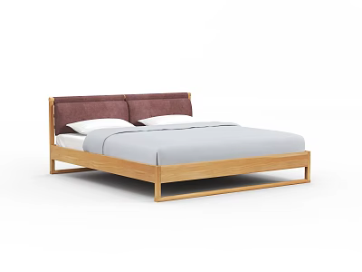 Modern Double Bed With Wooden Frame Dark Headboard Light Mattress And Pillows 3d model