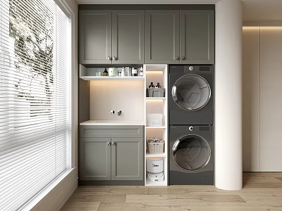 Stylish Laundry Room With Gray Cabinets Washer Dryer Sink Open Shelves And Wooden Floor 3d model