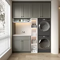 Stylish Laundry Room With Gray Cabinets Washer Dryer Sink Open Shelves And Wooden Floor