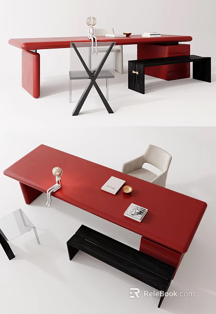 Modern Red Desk Interior With Chair Books And Decorative Ornaments 3d model 