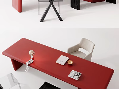 Modern Red Desk Interior With Chair Books And Decorative Ornaments 3d model