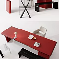 Modern Red Desk Interior With Chair Books And Decorative Ornaments