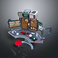Modern Workstation Setup With Multiple Screens Curved Tabletop Red Stool And Equipment 3d model