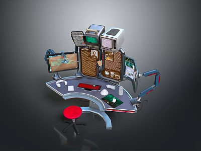 Modern Workstation Setup With Multiple Screens Curved Tabletop Red Stool And Equipment 3d model