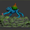 Blue Game Character With Green Red Back Holding Red White Ball On Green Rock