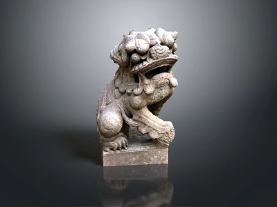 Traditional Chinese Stone Lion Statue Standing On Square Base With Intricate Carving Details 3d model