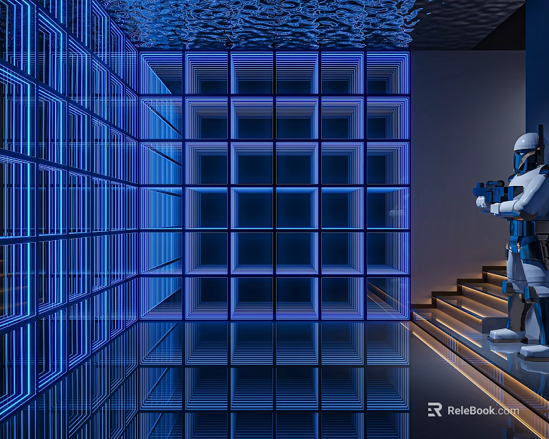 Modern Ballroom Featuring Blue Lighting Glass Walls Robot Staircase And Reflective Floor 3d model 