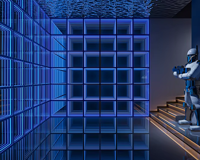 Modern Ballroom Featuring Blue Lighting Glass Walls Robot Staircase And Reflective Floor 3d model