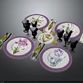 Elegant Floral Patterned Dinnerware Set Plates with Purple Rim Glasses and Decorative Napkins