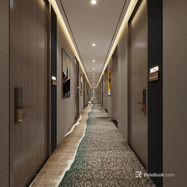 Hotel Corridor With Wooden Walls Decorative Paintings Wavy Carpet And Ceiling Lights 3d model 
