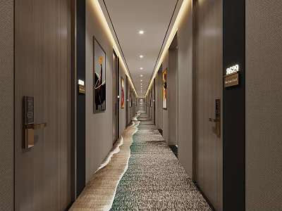 Hotel Corridor With Wooden Walls Decorative Paintings Wavy Carpet And Ceiling Lights 3d model