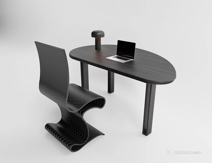 Modern Minimalist Black Oval Desk With Laptop And Lamp Beside Stylish Wavy Chair 3d model 