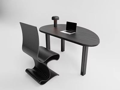 Modern Minimalist Black Oval Desk With Laptop And Lamp Beside Stylish Wavy Chair 3d model