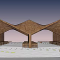 Modern Wooden Pergola With Geometric Sloped Roofs And Platform Seating Area