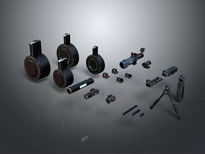 Tactical Weapon Components Including Barrels Scopes Brackets And Ammunition Parts 3d model