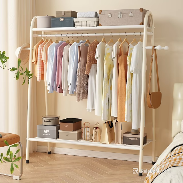 Pastel Colored Clothes Hanging On White Rack With Storage Boxes And Bags In Bedroom 3d model 