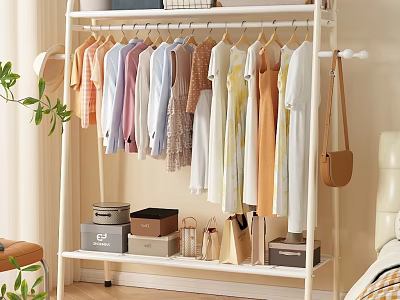 Pastel Colored Clothes Hanging On White Rack With Storage Boxes And Bags In Bedroom 3d model