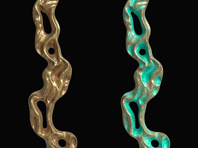 Modern Wave Shaped Metal Wall Decor With Hollow Out Design And Textured Gold Turquoise Finish 3d model
