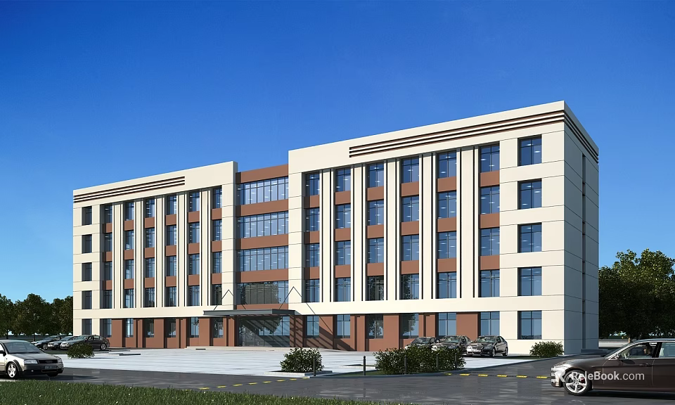 Modern Multi Storey School Building With White Brown Exterior Large Windows Front Lawn And Parking 3d model 