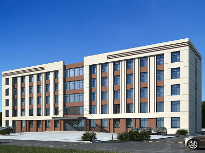 Modern Multi Storey School Building With White Brown Exterior Large Windows Front Lawn And Parking 3d model