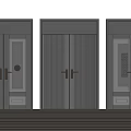 Dark Colored Double Doors With Various Decorative Designs And Metal Handles