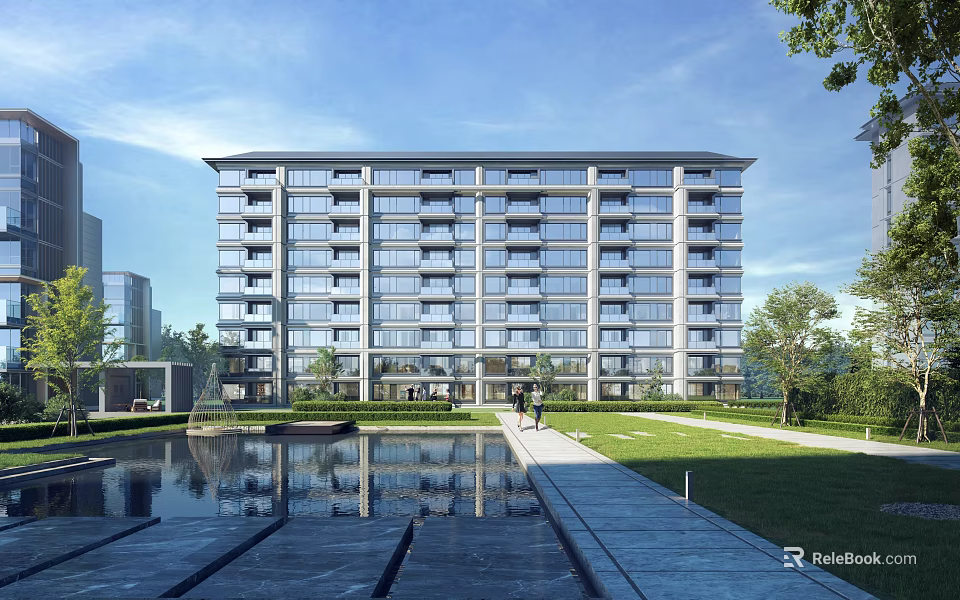 Modern Residential Building Exterior Design With Reflective Pool Lawn Walkway And Trees 3d model 