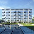 Modern Residential Building Exterior Design With Reflective Pool Lawn Walkway And Trees