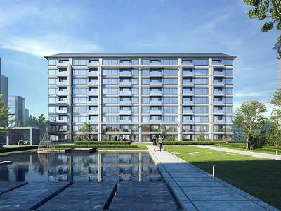 Modern Residential Building Exterior Design With Reflective Pool Lawn Walkway And Trees 3d model