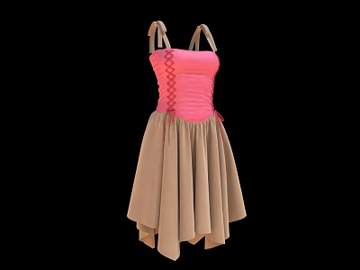 Pink And Beige Dress With Spaghetti Straps Braided Waist Detail And Asymmetrical Hem 3d model