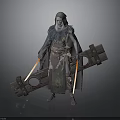 Fantasy Female Warrior In Feathered Cloak With Large Wooden Structure And Glowing Swords