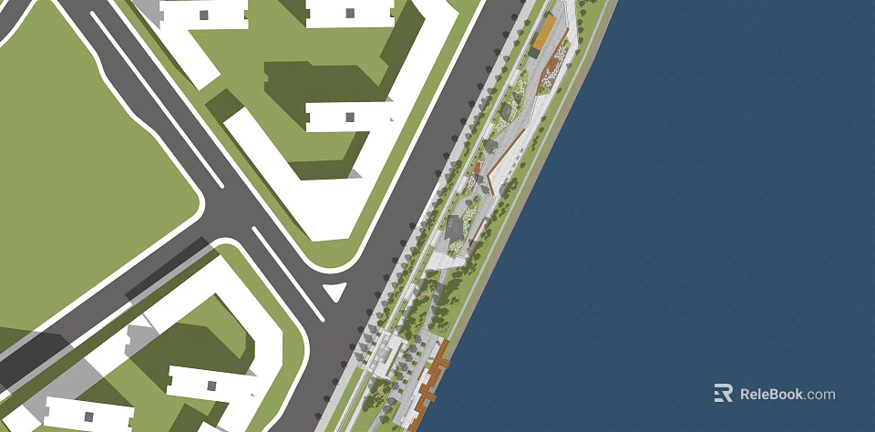 Urban Waterfront Landscape Planning With Adjacent Buildings Roads Green Belts And Pedestrian Paths 3d model 