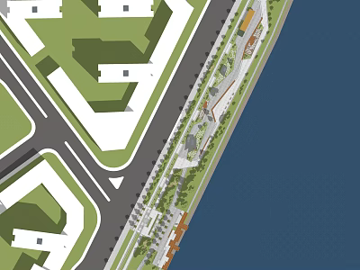 Urban Waterfront Landscape Planning With Adjacent Buildings Roads Green Belts And Pedestrian Paths 3d model
