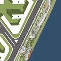 Urban Waterfront Landscape Planning With Adjacent Buildings Roads Green Belts And Pedestrian Paths