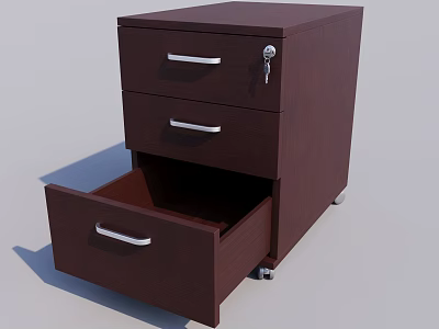 Brown Office File Cabinet With Three Drawers One Open And Lock On Wheels 3d model