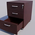 Brown Office File Cabinet With Three Drawers One Open And Lock On Wheels