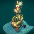 Cartoon Scene Featuring Rock Structure Lit Candle Magnifying Glass Small Buildings Wooden Boats On Water