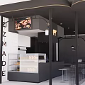 Modern Black White Storefront with Golden Cow Logo Bar Counter and Coffee Machine