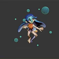Blue Haired Cartoon Girl In Orange Top Dancing With Floating Blue Bubbles