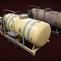 Industrial Storage Tanks With Red Blue Pipes Valves And Metal Frames