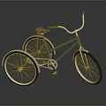 Green Tricycle Bicycle With Brown Seat White Handlebars And Silver Wheels On Gray Background